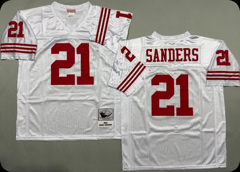 Men's San Francisco 49ers #21 Deion Sanders White Throwback Mitchell & Ness Jersey