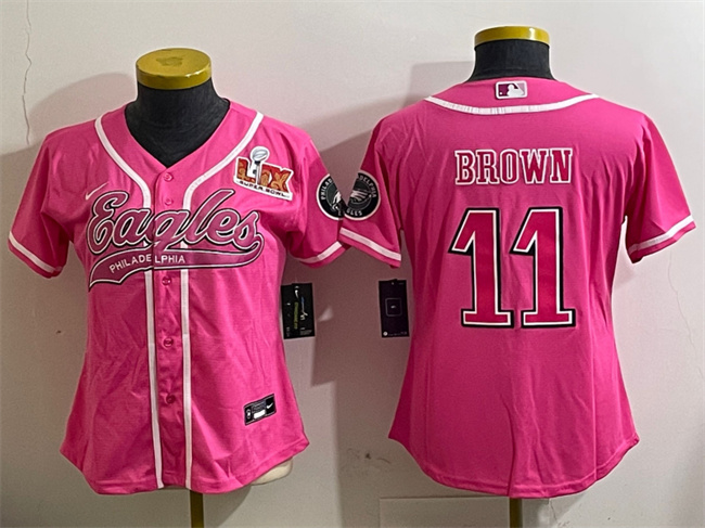 Youth Philadelphia Eagles #11 A.J. Brown Pink 2025 Super Bowl LIX Patch Cool Base Stitched Baseball Jersey
