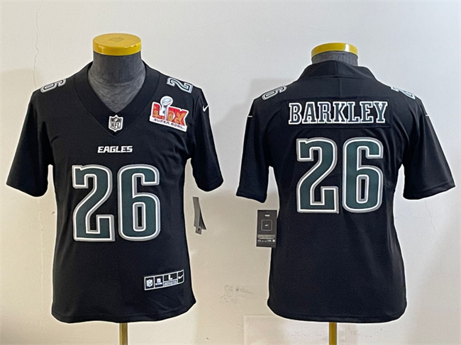 Youth Philadelphia Eagles #26 Saquon Barkley Black 2025 Super Bowl LIX Patch Fashion Vapor Untouchable Limited Stitched Football Jersey