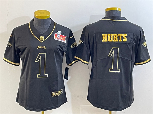 Youth Philadelphia Eagles #1 Jalen Hurts Black Gold 2025 Super Bowl LIX Patch Salute To Service Vapor Untouchable Limited Stitched Football Jersey
