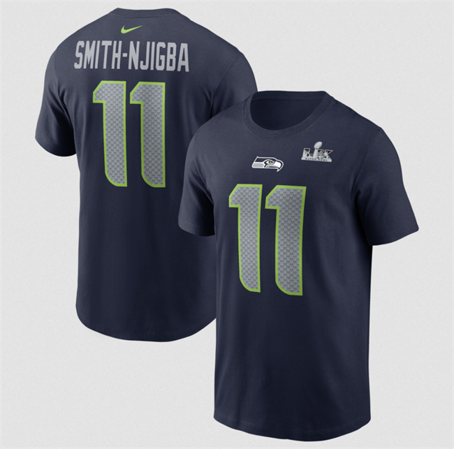 Men's Seattle Seahawks #11 Jaxon Smith-Njigba College Navy 2025 Super Bowl LX Patch Name & Number T-Shirt