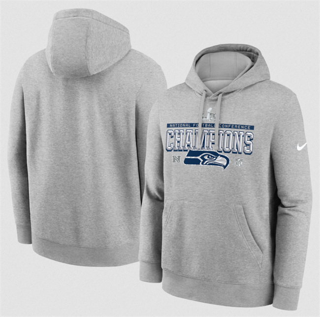 Men's Seattle Seahawks Heather Gray 2025 NFC Champions Locker Room Trophy Collection Hoodie