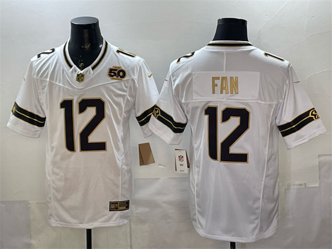 Men's Seattle Seahawks #12 Fan White Gold 2025 F.U.S.E. 50th Season Patch Limited Stitched Football Jersey