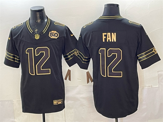 Men's Seattle Seahawks #12 Fan Black Gold 2025 F.U.S.E. 50th Season Patch Limited Stitched Football Jersey