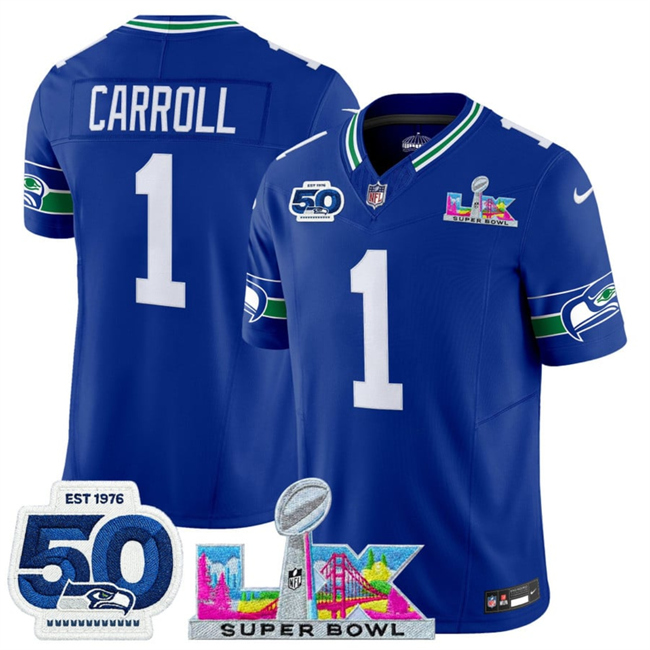 Men's Seattle Seahawks #1 Pete Carroll Royal 2026 F.U.S.E. Super Bowl LX Patch And 50th Season Patch Vapor Throwback Limited Stitched Football Jersey