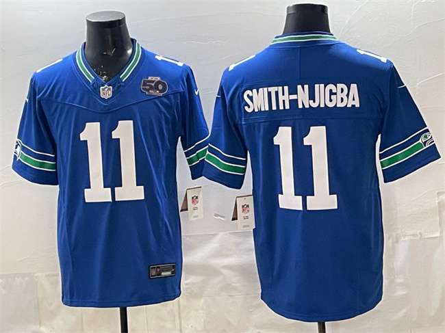Men's Seattle Seahawks #11 Jaxon Smith-Njigba Royal 2025 F.U.S.E. 50th Season Patch Throwback Vapor Limited Stitched Football Jersey
