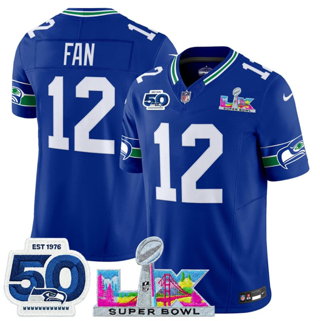 Men's Seattle Seahawks #12 Fan Royal 2026 F.U.S.E. Super Bowl LX Patch And 50th Season Patch Vapor Throwback Limited Stitched Football Jersey