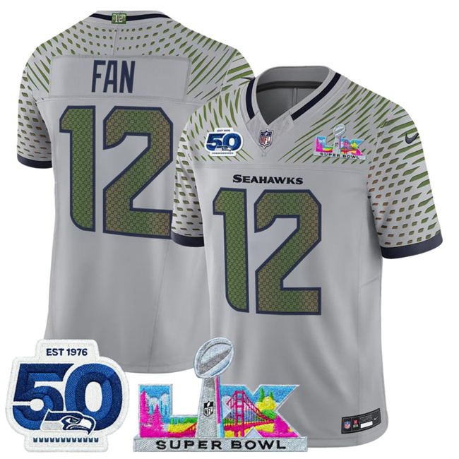 Men's Seattle Seahawks #12 Fan Grey 2026 F.U.S.E. Super Bowl LX Patch And 50th Season Patch “Rivalries” Vapor Limited Stitched Football Jersey