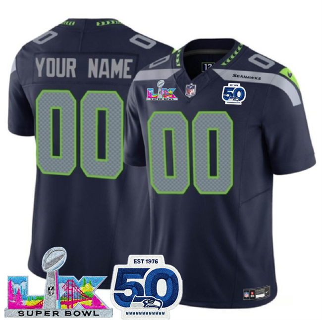 Men's Seattle Seahawks Active Player Custom Navy 2026 F.U.S.E. Super Bowl LX Patch And 50th Season Patch Vapor Limited Stitched Football Jersey