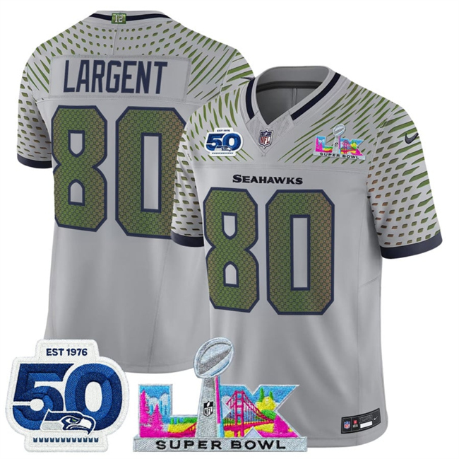 Men's Seattle Seahawks #80 Steve Largent Grey 2026 F.U.S.E. Super Bowl LX Patch And 50th Season Patch “Rivalries” Vapor Limited Stitched Football Jersey