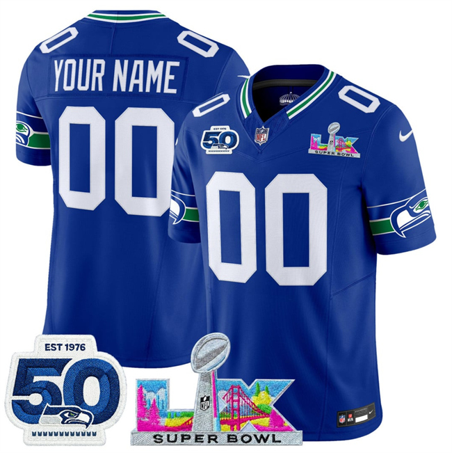 Men's Seattle Seahawks Active Player Custom Royal 2026 F.U.S.E. Super Bowl LX Patch And 50th Season Patch Vapor Throwback Limited Stitched Football Jersey