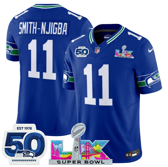Men's Seattle Seahawks #11 Jaxon Smith-Njigba Royal 2026 F.U.S.E. Super Bowl LX Patch And 50th Season Patch Vapor Throwback Limited Stitched Football Jersey