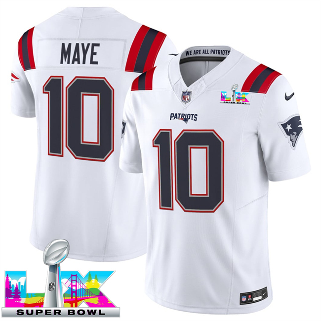 Men's New England Patriots #10 Drake Maye White 2026 F.U.S.E. Super Bowl LX Patch Vapor Limited Stitched Football Jersey