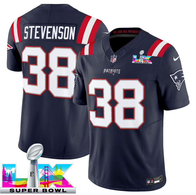 Men's New England Patriots #38 Rhamondre Stevenson Navy 2026 F.U.S.E. Super Bowl LX Patch Vapor Limited Stitched Football Jersey