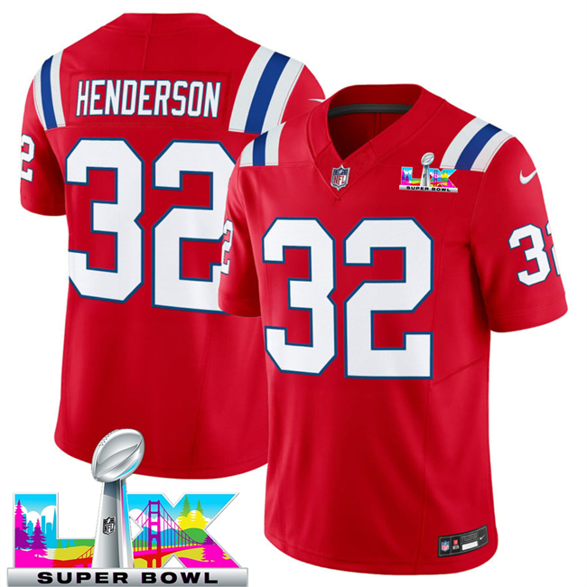 Men's New England Patriots #32 TreVeyon Henderson Red 2026 F.U.S.E. Super Bowl LX Patch Vapor Limited Stitched Football Jersey