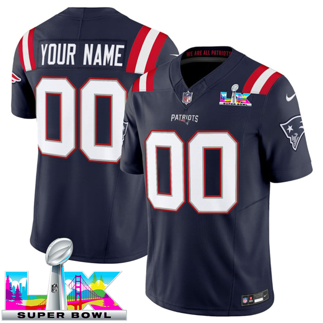 Men's New England Patriots Active Player Custom Navy 2026 F.U.S.E. Super Bowl LX Patch Vapor Limited Stitched Football Jersey
