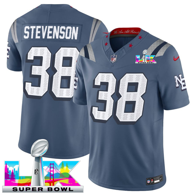 Men's New England Patriots #38 Rhamondre Stevenson Storm Blue 2026 F.U.S.E. Super Bowl LX Patch “Rivalries” Vapor Limited Stitched Football Jersey