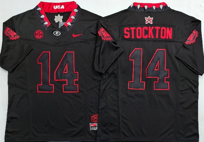 Men's NCAA Georgia Bulldogs #14 Gunner Stockton Black Stranger Things College Football Jersey