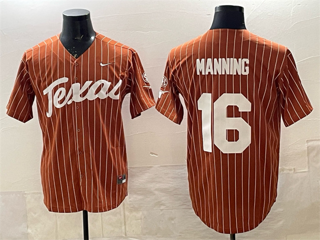 Men's Texas Longhorns #16 Peyton Manning Orange Pinstripe SEC Patch Stitched Jersey