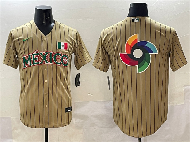 Men's Mexico Baseball Tan  World Baseball Classic Team Big Logo Stitched Jersey