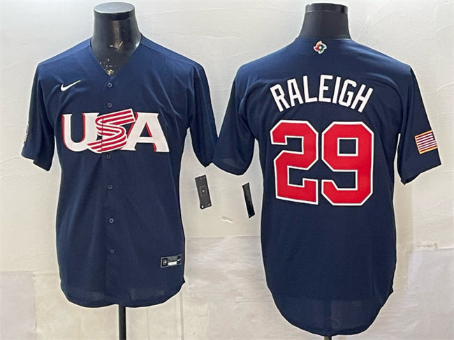 Men's USA Baseball #29 Cal Raleigh Navy World Baseball Classic Stitched Jersey