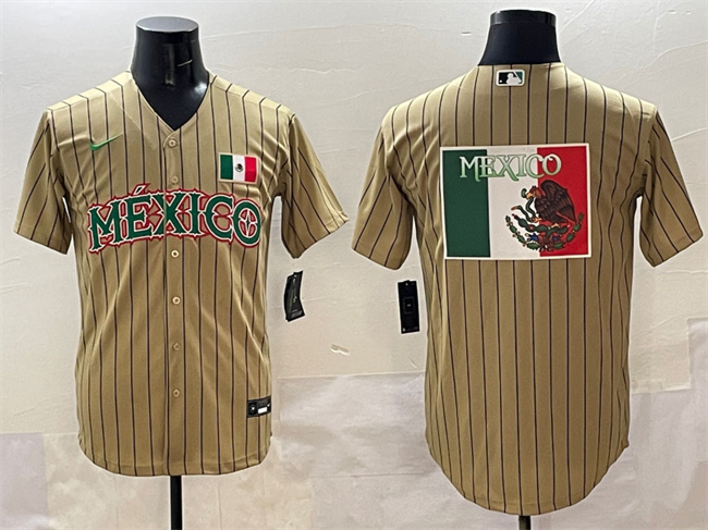 Men's Mexico Baseball Tan 2023 World Baseball Classic Team Big Logo Stitched Jersey