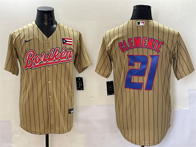 Men's Puerto Rico Baseball #21 Roberto Clemente Tan 2023 World Baseball Classic Stitched Jersey
