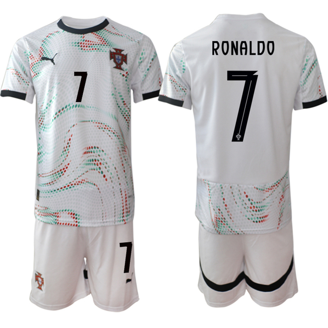 Men's Portugal Team #7 Ronaldo 2025 White Away Soccer Jersey Suit