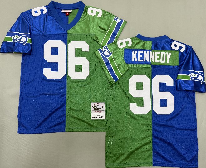 Men's Seattle Seahawks #96 Cortez Kennedy 1993 Royal Green Split Two Tone Throwback Jersey