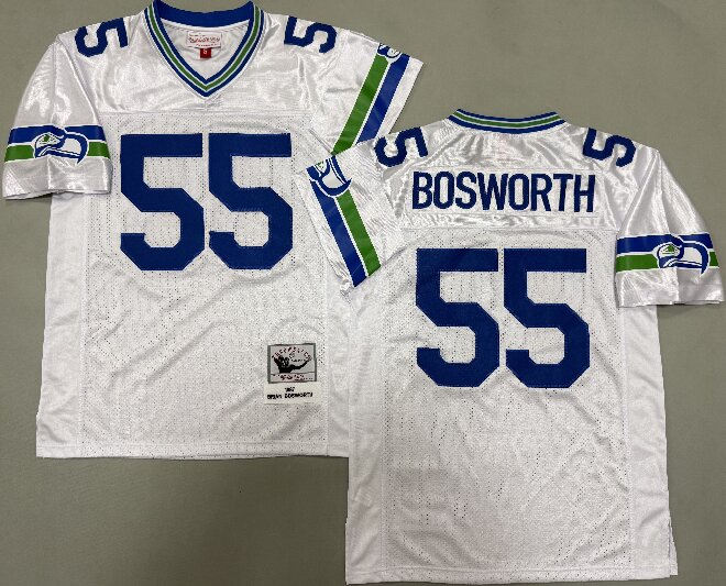 Men's Seattle Seahawks #55 Brian Bosworth 1987 White Mitchell & Ness Legacy Throwback Jersey