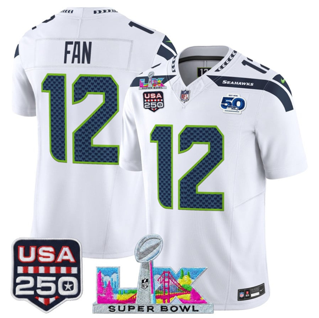 Men's Seattle Seahawks #12 Fan White 2026 F.U.S.E. Super Bowl LX Patch And 50th Season & USA 250' Patch Vapor Limited Football Stitched Jersey