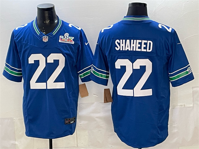 Men's Seattle Seahawks #22 Rashid Shaheed Royal 2026 F.U.S.E. Super Bowl LX Patch Vapor Throwback Limited Stitched Football Jersey