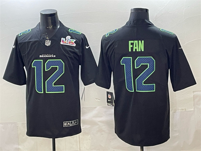 Men's Seattle Seahawks #12 Fan Black 2026 Super Bowl LX Patch Carbon Fashion Vapor Untouchable Limited Stitched Football Jersey