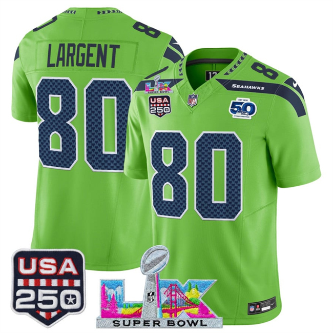 Men's Seattle Seahawks #80 Steve Largent Green 2026 F.U.S.E. Super Bowl LX Patch And 50th Season & USA 250' Patch Vapor Limited Football Stitched Jersey