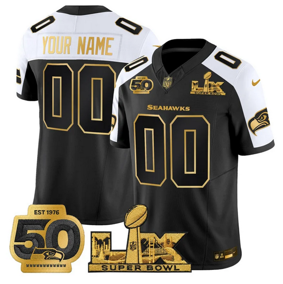 Men's Seattle Seahawks Active Player Custom Black Alternate 2026 F.U.S.E. Super Bowl LX Patch And 50th Season Patch Vapor Limited Stitched Football Jersey