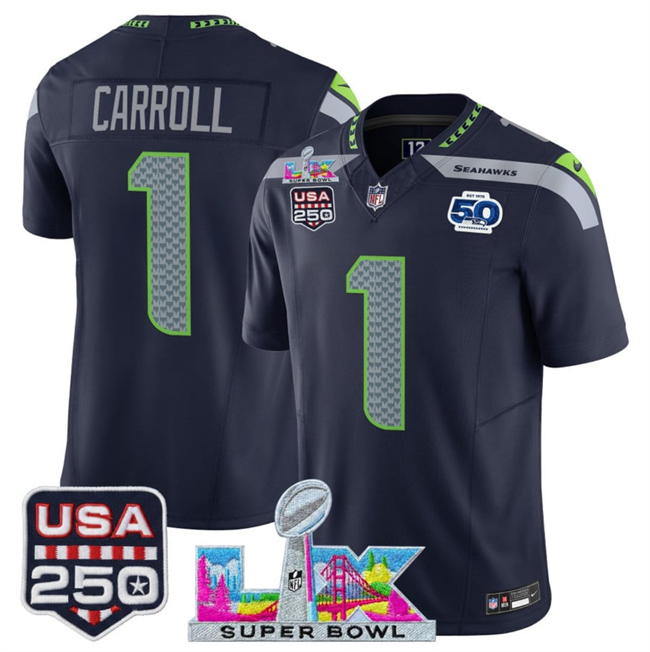 Men's Seattle Seahawks #1 Pete Carroll Navy 2026 F.U.S.E. Super Bowl LX Patch And 50th Season & USA 250' Patch Vapor Limited Football Stitched Jersey