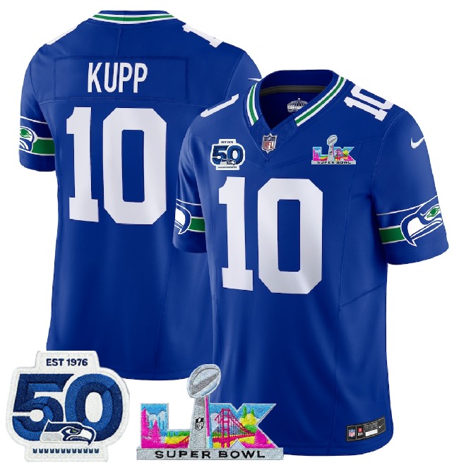 Men's Seattle Seahawks#10 Cooper Kupp Royal 2026 F.U.S.E. Super Bowl LX Patch And 50th Season Patch Vapor Throwback Limited Stitched Football Jersey
