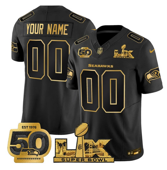 Men's Seattle Seahawks Active Player Custom Black Gold 2026 F.U.S.E. Super Bowl LX Patch And 50th Season Patch Vapor Limited Stitched Football Jersey
