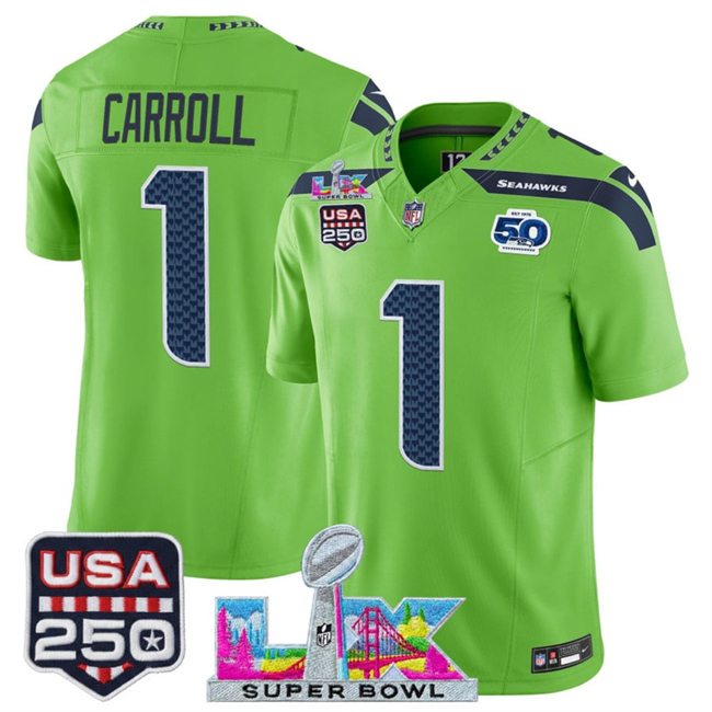 Men's Seattle Seahawks #1 Pete Carroll Green 2026 F.U.S.E. Super Bowl LX Patch And 50th Season & USA 250' Patch Vapor Limited Football Stitched Jersey