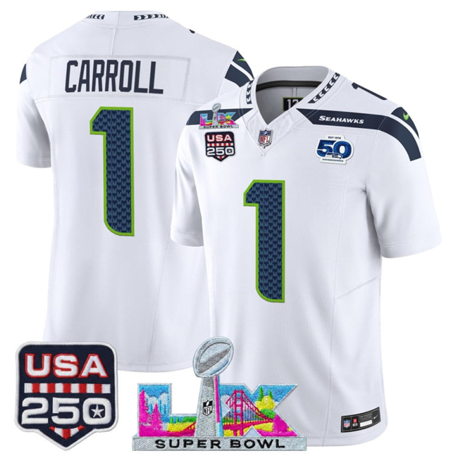 Men's Seattle Seahawks #1 Pete Carroll White 2026 F.U.S.E. Super Bowl LX Patch And 50th Season & USA 250' Patch Vapor Limited Football Stitched Jersey