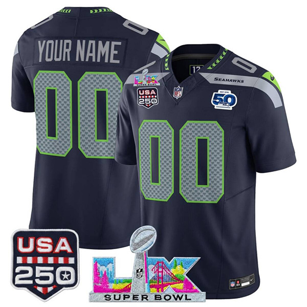 Men's Seattle Seahawks Active Player Custom Navy 2026 F.U.S.E. Super Bowl LX Patch 50th Season & USA 250' Patch Vapor Limited Football Stitched Jersey