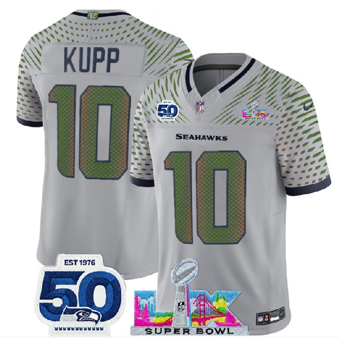 Men's Seattle Seahawks #10 Cooper Kupp Grey 2026 F.U.S.E. Super Bowl LX Patch And 50th Season Patch “Rivalries” Vapor Limited Stitched Football Jersey