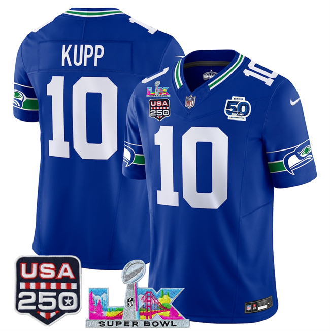 Men's Seattle Seahawks #10 Cooper Kupp Royal 2026 F.U.S.E. Super Bowl LX Patch And 50th Season Patch Vapor Throwback Limited Stitched Football Jersey