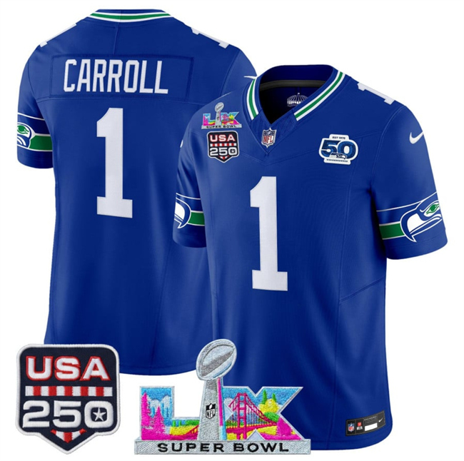 Men's Seattle Seahawks #1 Pete Carroll Royal 2026 F.U.S.E. Super Bowl LX Patch And 50th Season & USA 250' Patch Vapor Throwback Limited Stitched Football Jersey