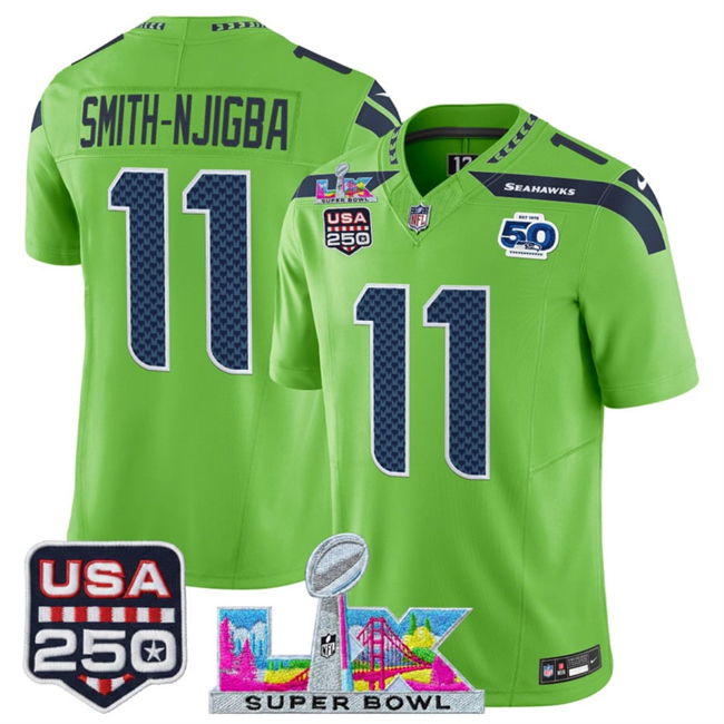 Men's Seattle Seahawks #11 Jaxon Smith-Njigba Green 2026 F.U.S.E. Super Bowl LX Patch And 50th Season & USA 250' Patch Vapor Limited Football Stitched Jersey