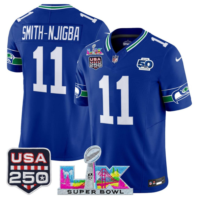 Men's Seattle Seahawks #11 Jaxon Smith-Njigba Royal 2026 F.U.S.E. Super Bowl LX Patch And 50th Season & USA 250' Patch Vapor Throwback Limited Stitched Football Jersey