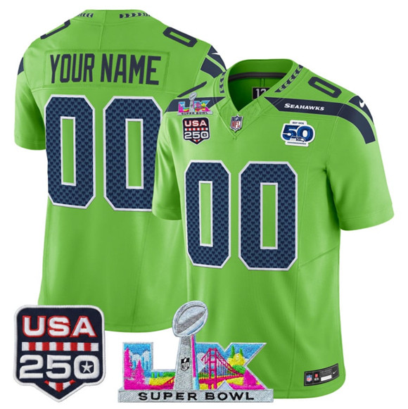 Men's Seattle Seahawks Active Player Custom Green 2026 F.U.S.E. Super Bowl LX & US 250th Anniversary Patch And 50th Season Patch Vapor Limited Football Stitched Jersey