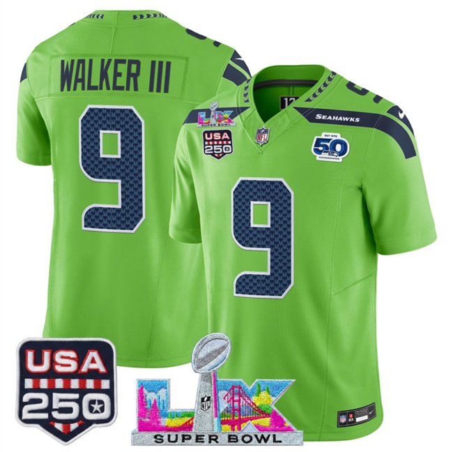 Men's Seattle Seahawks #9 Kenneth Walker III Green 2026 F.U.S.E. Super Bowl LX Patch And 50th Season & USA 250' Patch Vapor Limited Football Stitched Jersey