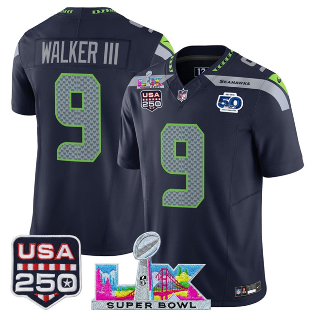 Men's Seattle Seahawks #9 Kenneth Walker III Navy 2026 F.U.S.E. Super Bowl LX Patch And 50th Season & USA 250' Patch Vapor Limited Football Stitched Jersey