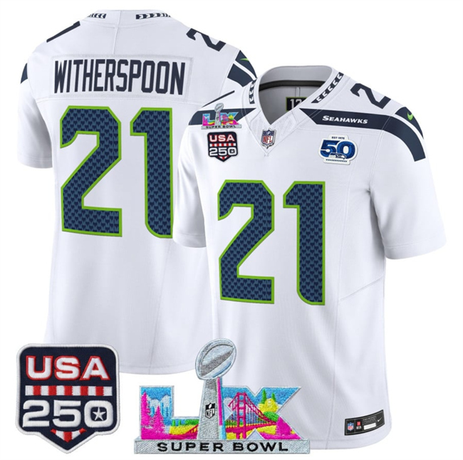 Men's Seattle Seahawks #21 Devon Witherspoon White 2026 F.U.S.E. Super Bowl LX Patch And 50th Season & USA 250' Patch Vapor Limited Football Stitched Jersey